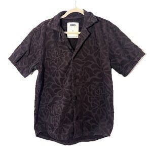 OAS Camp Shirt Mens M Brown Terry Cloth Floral Short Sleeve Preppy Resort